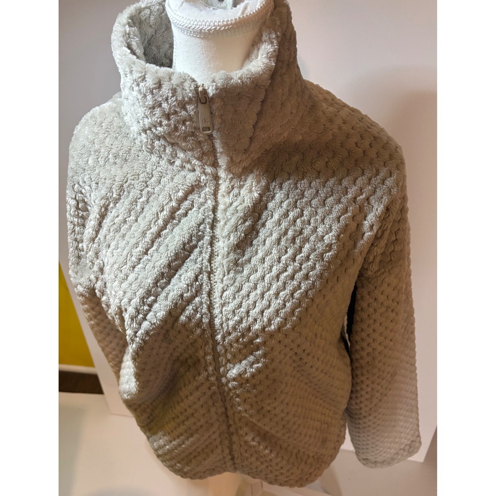 NWT Calvin Klein Womens M Fleece Jacket Island Fossil Beige Full Zip Textured